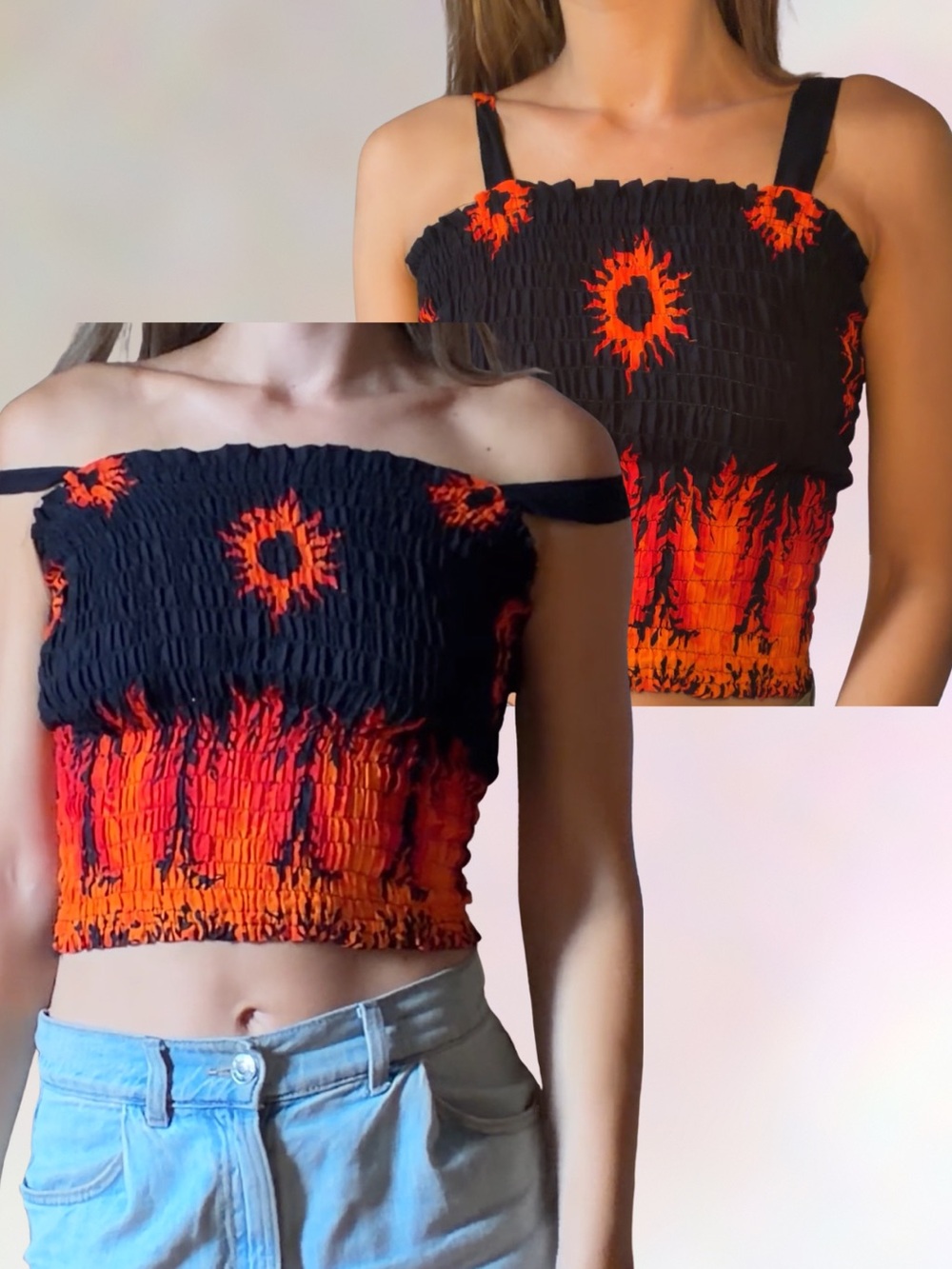 Vintage 90s Cyber Grunge Y2K Hot Rod All-Over Sunburst Flame Print Strappy Cami - Picture 1 of 4